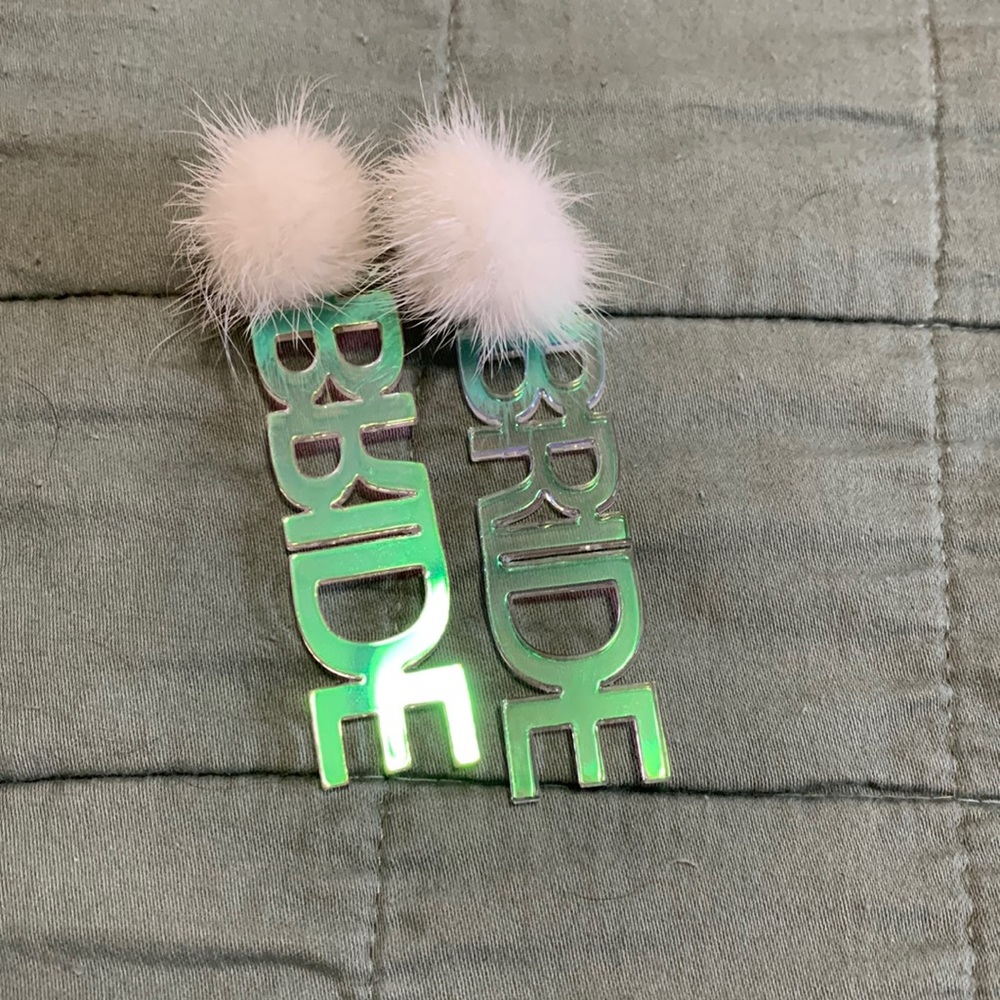 BRIDE earrings with white Pom Pom